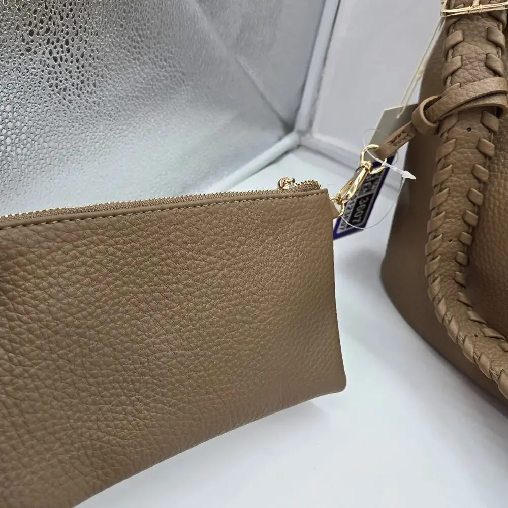 Isabelle Vegan Pebble Leather Brown Hobo Bag Braided Shoulder Strap NWT Wristlet